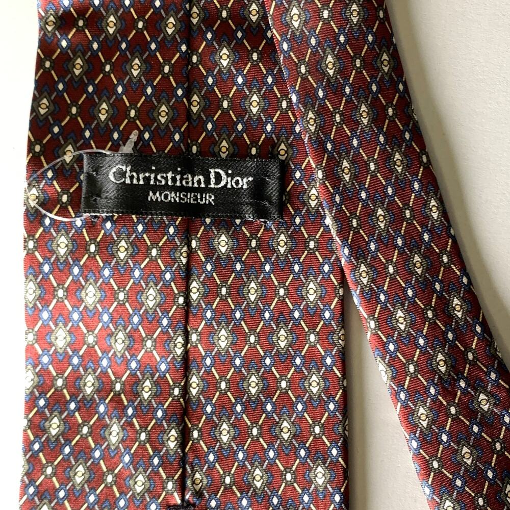 CHRISTIAN DIOR Burgundy Navy Cream Geometric Silk Tie - Picture 3 of 4